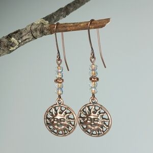 HAND CRAFTED Copper Sun Face Dangle Earrings Artisan Glass Celestial